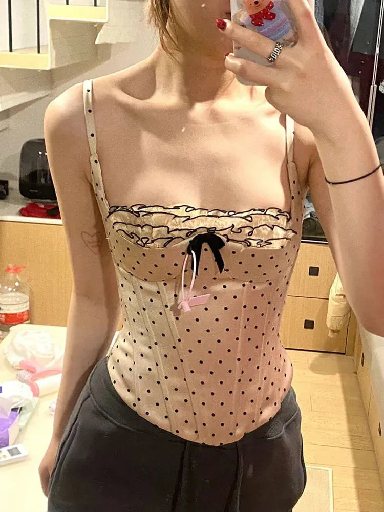 JazzHer Casual Polka Dot Tank Tops Spring Summer Sleeveless Women Camisole Streetwear Sexy Hot Off Shoulder Simple Bow Vest Cozy Beige