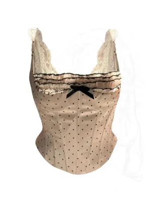 JazzHer Casual Polka Dot Tank Tops Spring Summer Sleeveless Women Camisole Streetwear Sexy Hot Off Shoulder Simple Bow Vest Cozy Beige