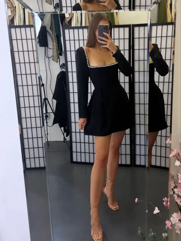 JazzHer Chic A line Square Neckline Black Short Party Dresses Homecoming Dresses BD (PRE-ORDER)