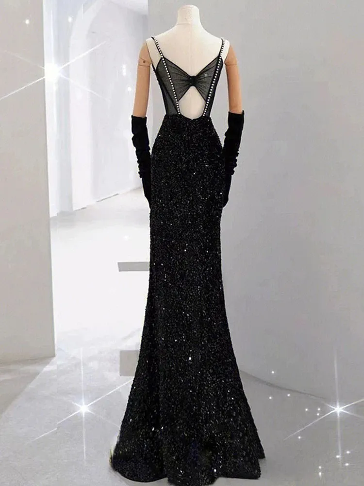 JazzHer Elegant Mermaid Spaghetti Straps Black Sequin Long Prom Dresses Party Dress With Beads (PRE-ORDER)