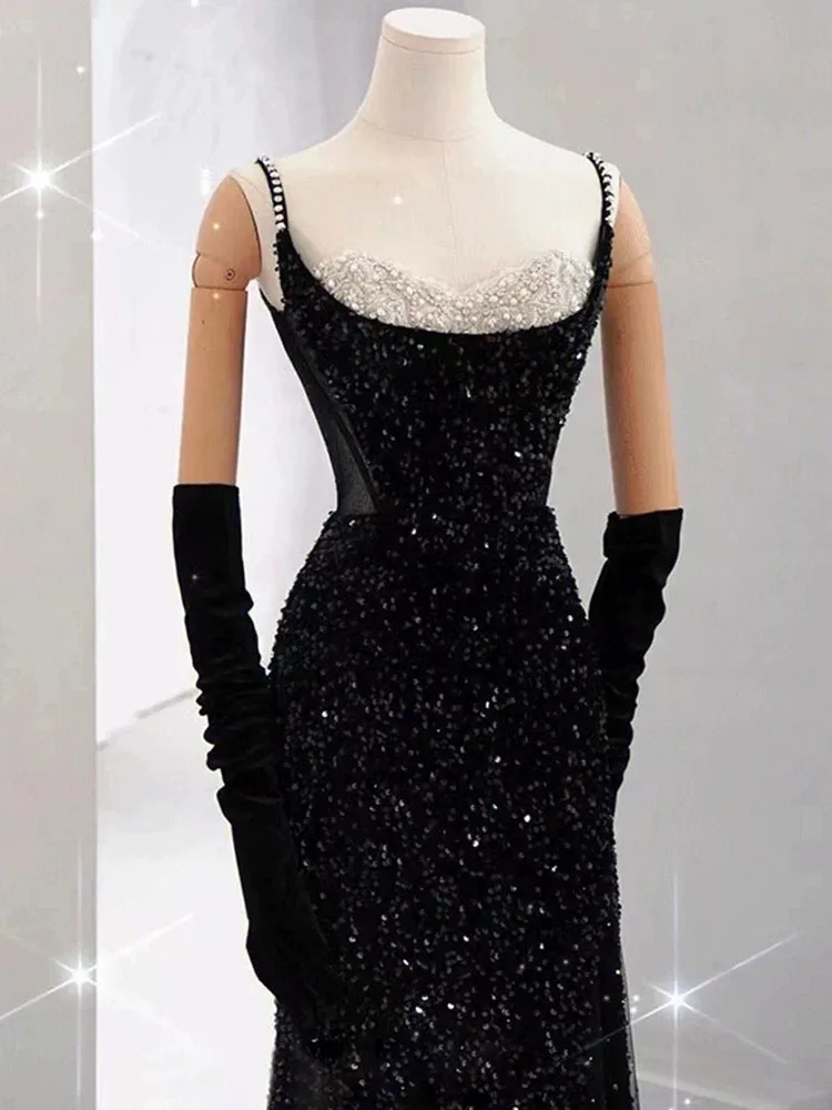 JazzHer Elegant Mermaid Spaghetti Straps Black Sequin Long Prom Dresses Party Dress With Beads (PRE-ORDER)