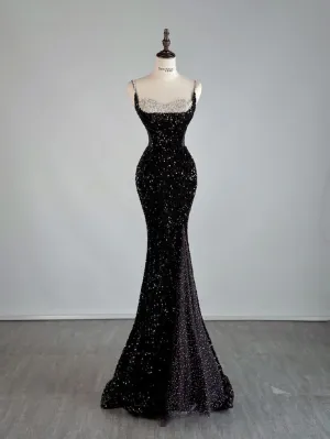 JazzHer Elegant Mermaid Spaghetti Straps Black Sequin Long Prom Dresses Party Dress With Beads (PRE-ORDER)