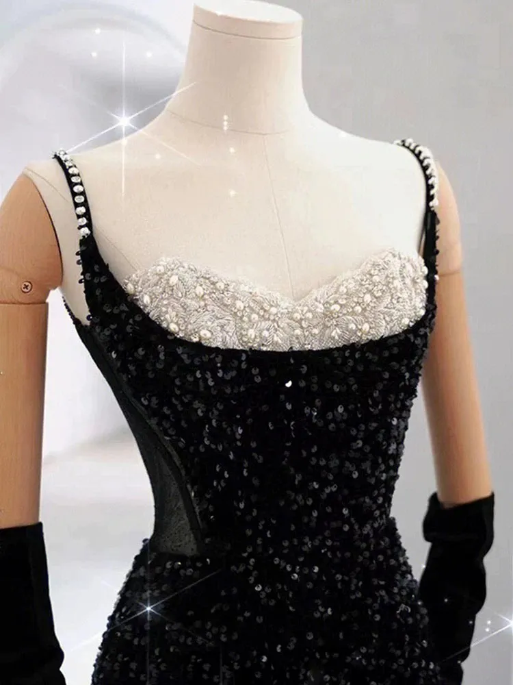 JazzHer Elegant Mermaid Spaghetti Straps Black Sequin Long Prom Dresses Party Dress With Beads (PRE-ORDER)