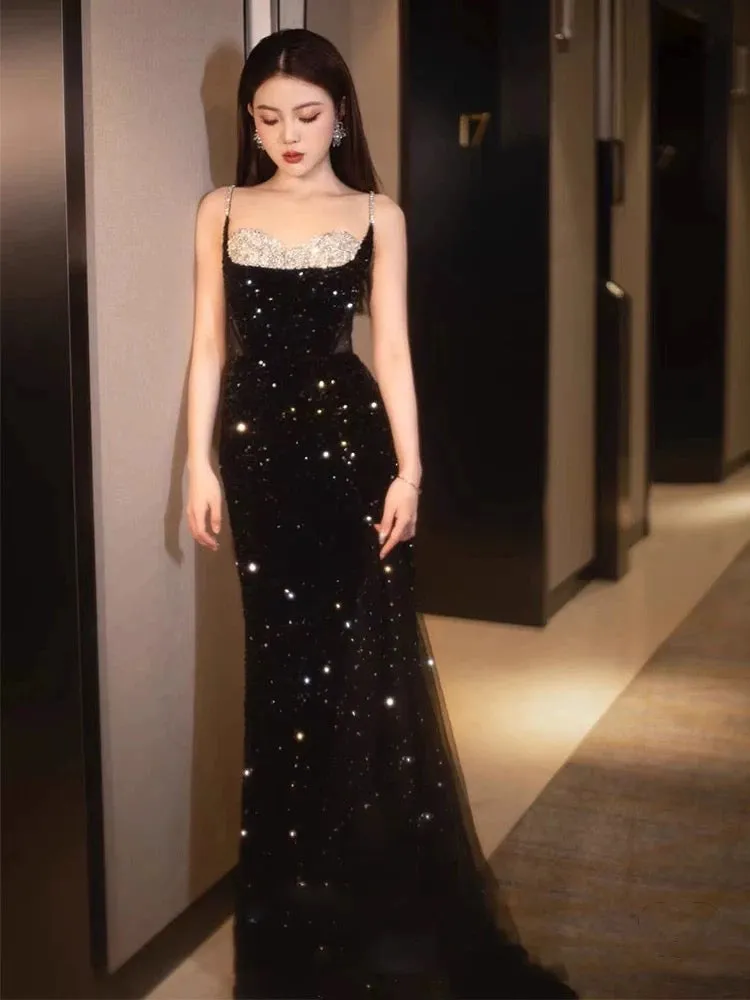 JazzHer Elegant Mermaid Spaghetti Straps Black Sequin Long Prom Dresses Party Dress With Beads (PRE-ORDER)