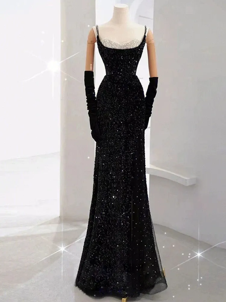 JazzHer Elegant Mermaid Spaghetti Straps Black Sequin Long Prom Dresses Party Dress With Beads (PRE-ORDER)