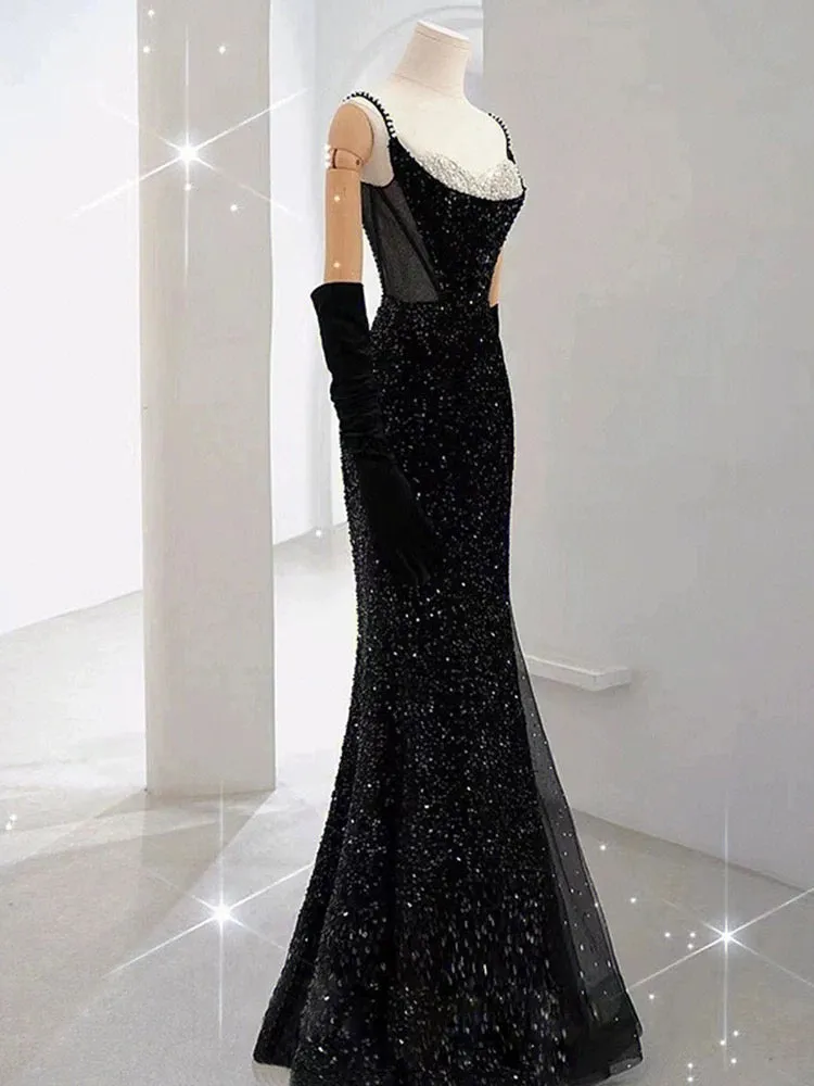 JazzHer Elegant Mermaid Spaghetti Straps Black Sequin Long Prom Dresses Party Dress With Beads (PRE-ORDER)