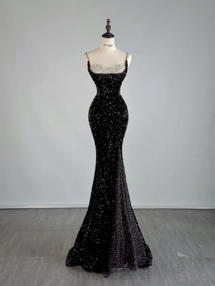 JazzHer Elegant Mermaid Spaghetti Straps Black Sequin Long Prom Dresses Party Dress With Beads (PRE-ORDER)