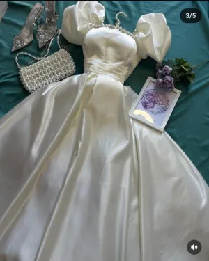 JazzHer Fancy A Line Sweetheart Short Sleeves White Satin Prom Dresses Evening Dress With Beads (PRE-ORDER)