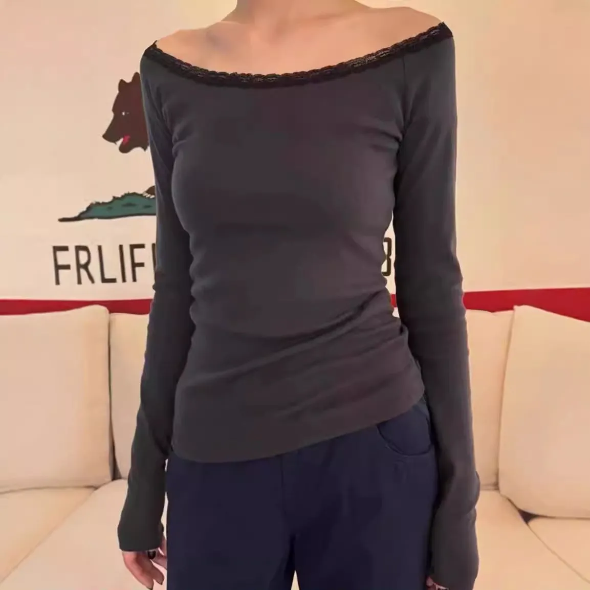 JazzHer Lace Patchwork Neck Long Sleeve T-Shirt Women Cotton Slim Tees Tops Chic Sweet Simple Gray T-shirts Y2k Fashion Girl Tops