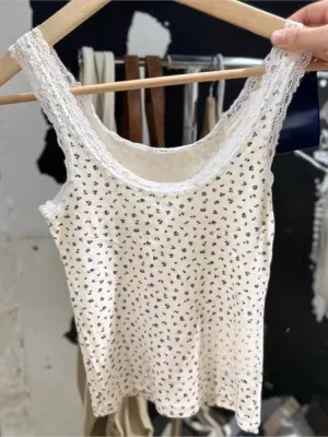JazzHer Lace Trim Floral Sweet Tank Top For Woman Clothes Summer Casual Vintage Simple Cute Camisole Tops U Collar Sleeveless Slim Vest