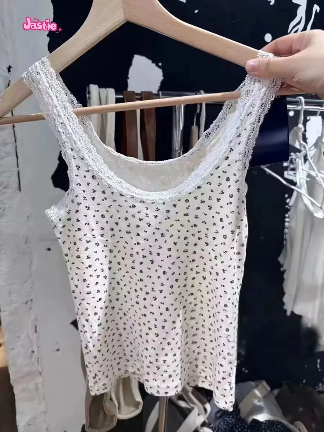 JazzHer Lace Trim Floral Sweet Tank Top For Woman Clothes Summer Casual Vintage Simple Cute Camisole Tops U Collar Sleeveless Slim Vest