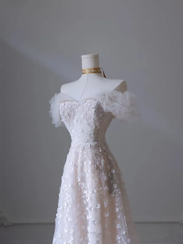JazzHer Pretty A Line Off The Shoulder White Tulle Floral Long Prom Dresses Party Evening Dress (PRE-ORDER)