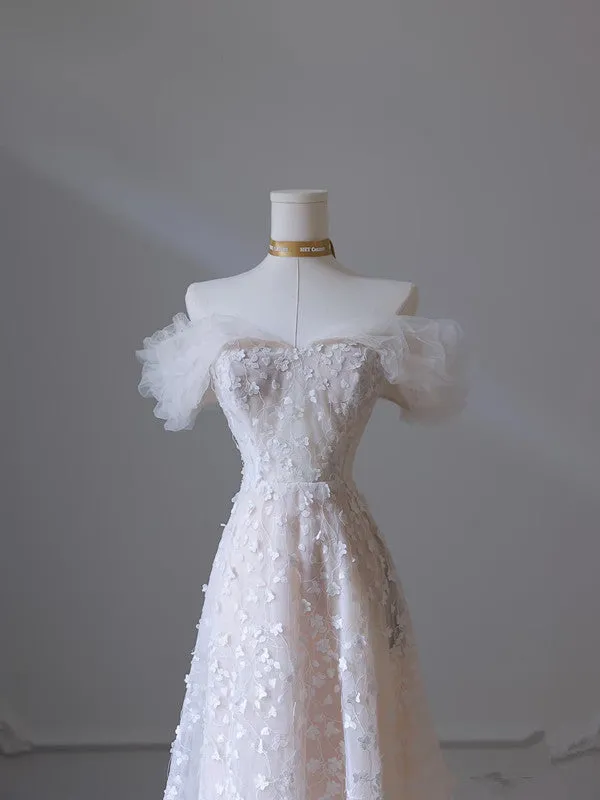 JazzHer Pretty A Line Off The Shoulder White Tulle Floral Long Prom Dresses Party Evening Dress (PRE-ORDER)