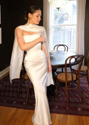 JazzHer Pretty Mermaid Strapless White Satin Long Prom Dresses Party Evening Dress (PRE-ORDER)