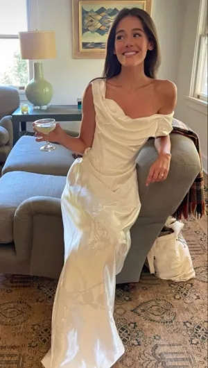 JazzHer Pretty Sheath Off The Shoulder White Lace Satin Prom Dresses Long Evening Dress (PRE-ORDER)