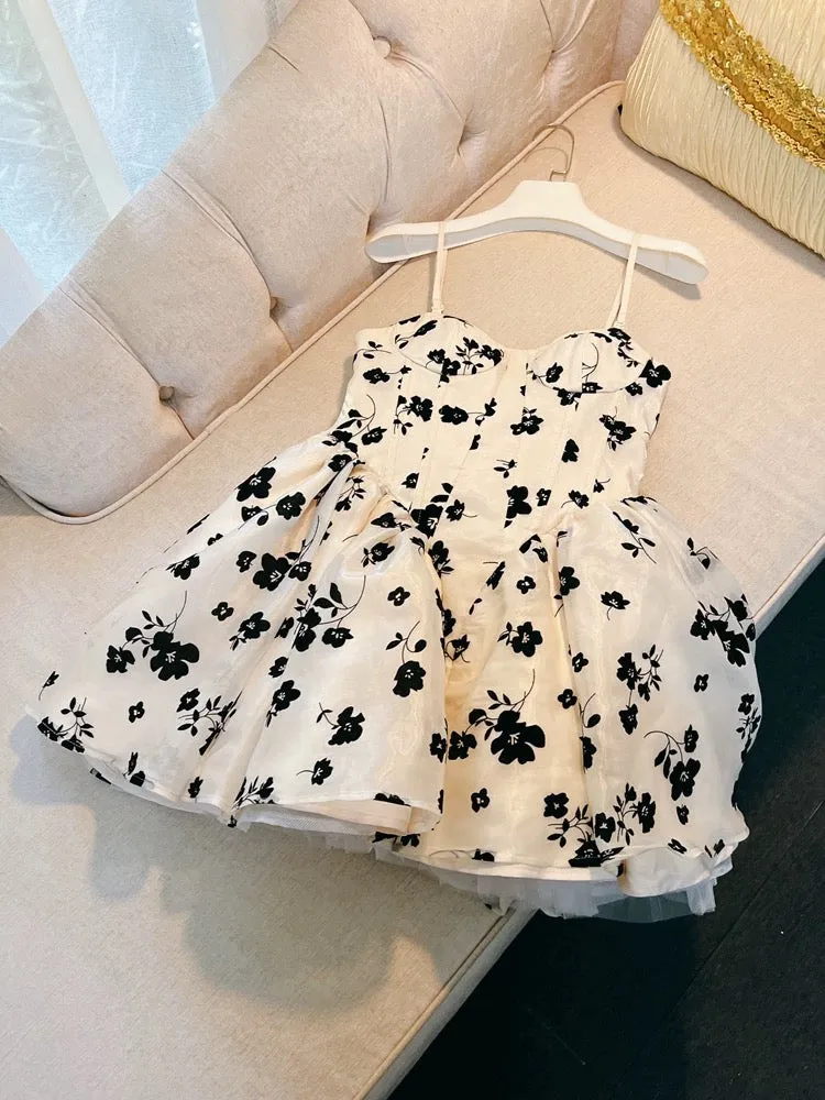 JazzHer Simple A line Spaghetti Straps Black Flora White Homecoming Dress Birthday Dresses (PRE-ORDER)