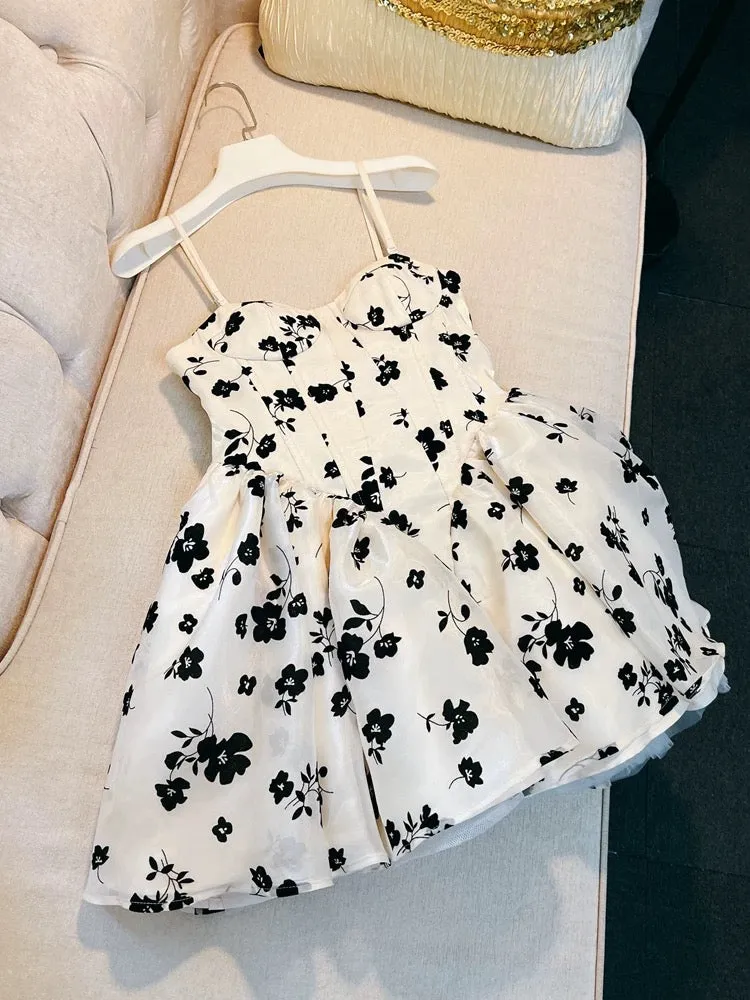 JazzHer Simple A line Spaghetti Straps Black Flora White Homecoming Dress Birthday Dresses (PRE-ORDER)