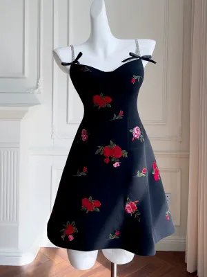 JazzHer Simple A Line Spaghetti Straps Short Black Satin Floral Homecoming Dresses Birthday Outfit (PRE-ORDER)