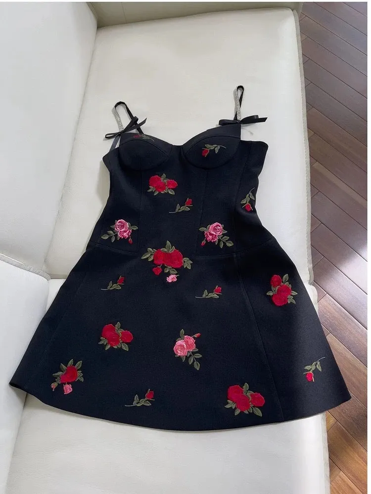 JazzHer Simple A Line Spaghetti Straps Short Black Satin Floral Homecoming Dresses Birthday Outfit (PRE-ORDER)