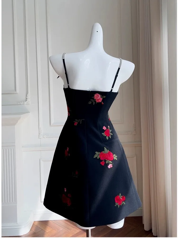 JazzHer Simple A Line Spaghetti Straps Short Black Satin Floral Homecoming Dresses Birthday Outfit (PRE-ORDER)