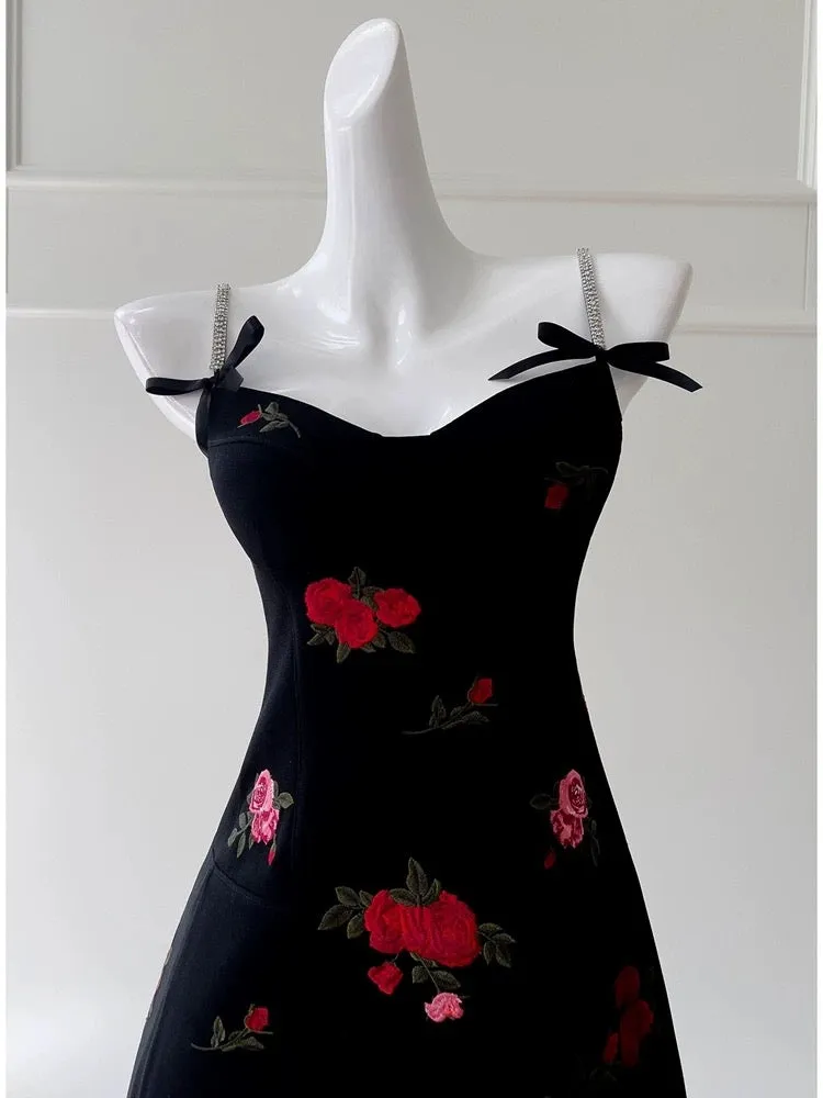 JazzHer Simple A Line Spaghetti Straps Short Black Satin Floral Homecoming Dresses Birthday Outfit (PRE-ORDER)