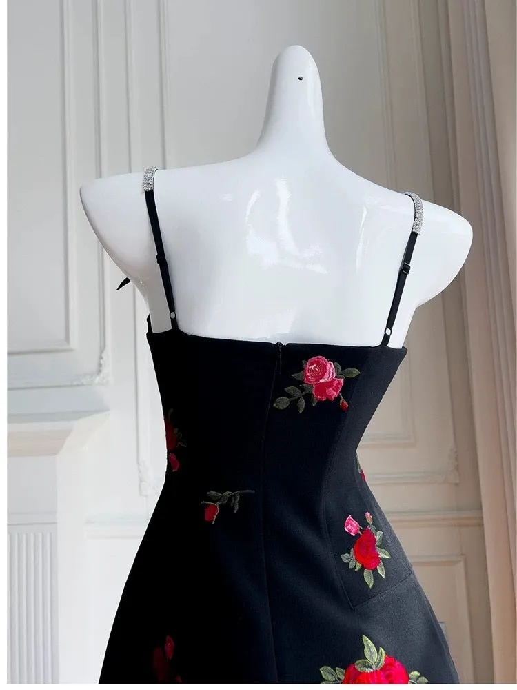 JazzHer Simple A Line Spaghetti Straps Short Black Satin Floral Homecoming Dresses Birthday Outfit (PRE-ORDER)