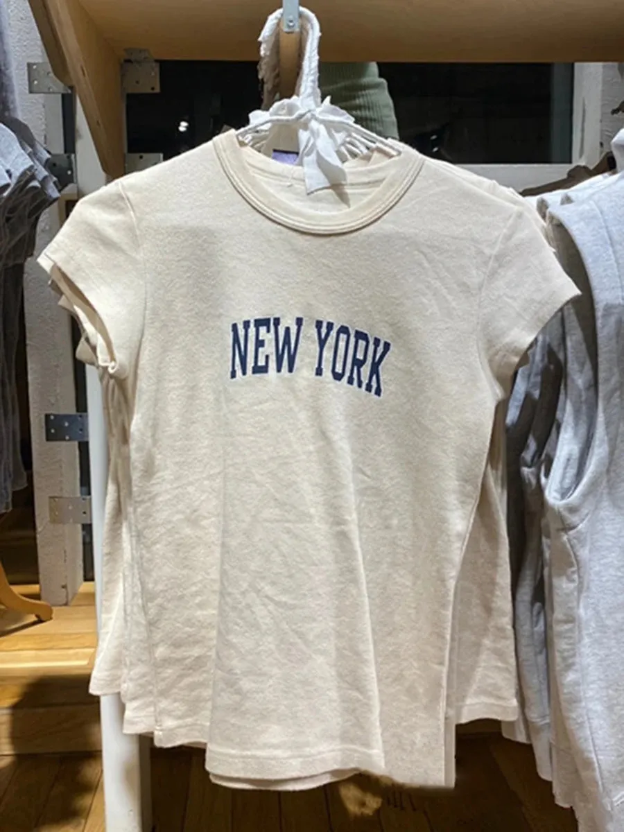 JazzHer Simple Basic Letter Print Slim Short Sleeve Tees Women Casual O-neck Streetwear Beige Harajuku Tops Vintage Chic Cute T-shirts