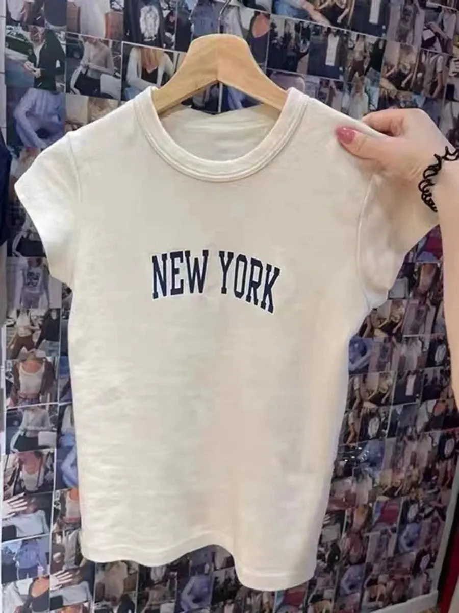 JazzHer Simple Basic Letter Print Slim Short Sleeve Tees Women Casual O-neck Streetwear Beige Harajuku Tops Vintage Chic Cute T-shirts