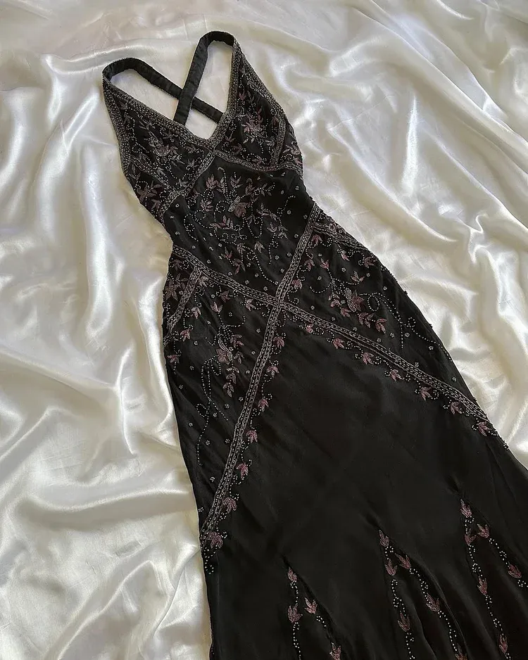 JazzHer Vintage Sheath V Neckline Long Black Prom Dresses Evening Dress With Beads (PRE-ORDER)