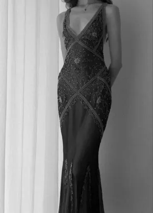 JazzHer Vintage Sheath V Neckline Long Black Prom Dresses Evening Dress With Beads (PRE-ORDER)