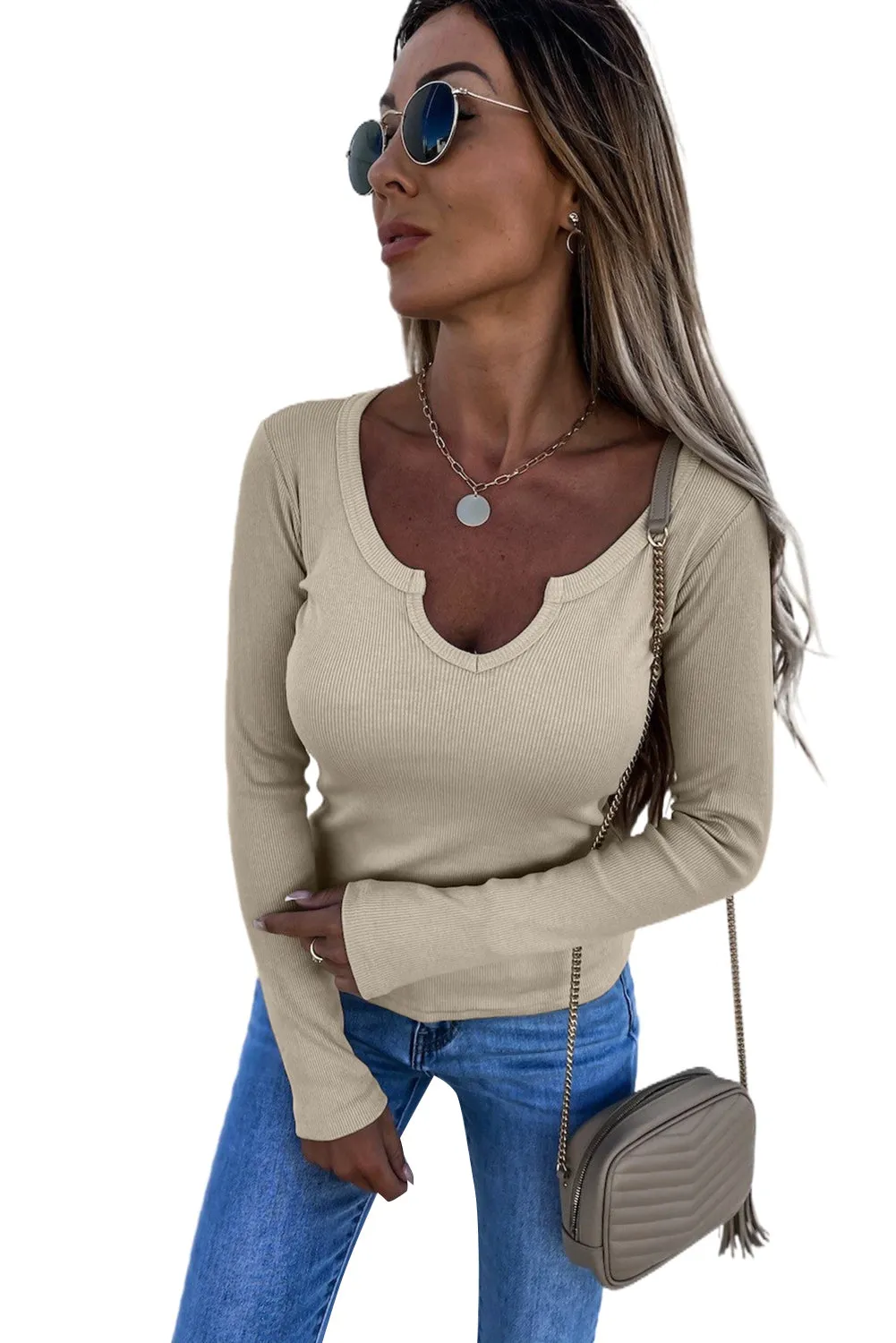 Khaki Split Round Neck Ribbed Knit Top