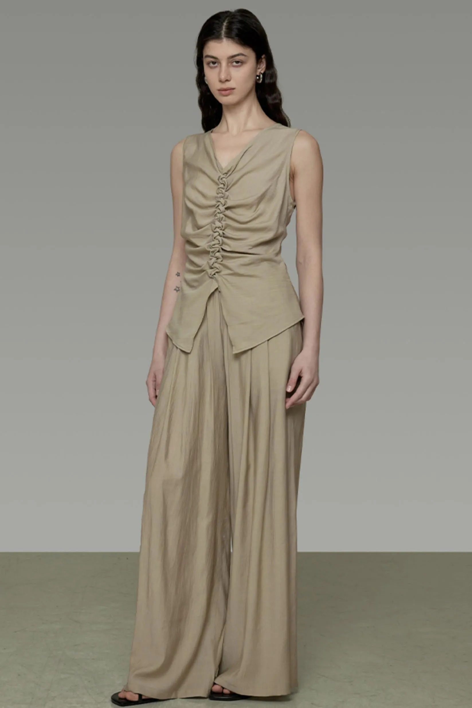 Khaki V-Neck Sleeveless Top