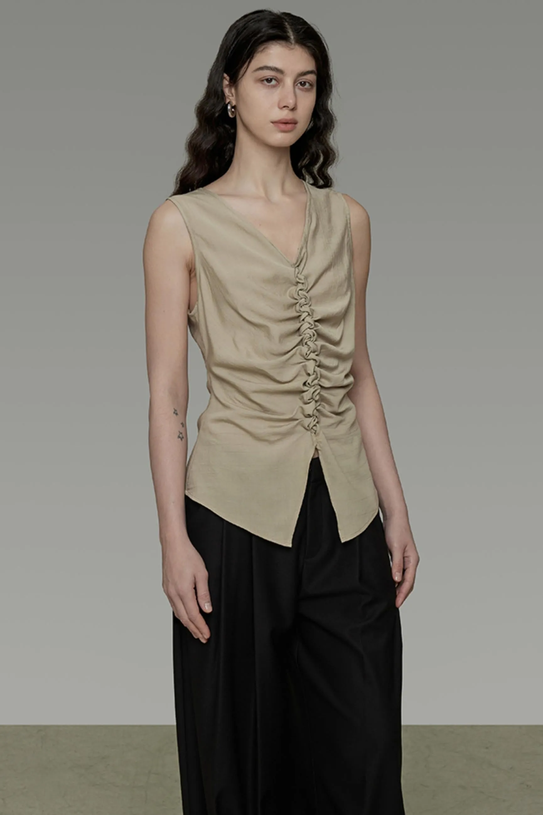 Khaki V-Neck Sleeveless Top