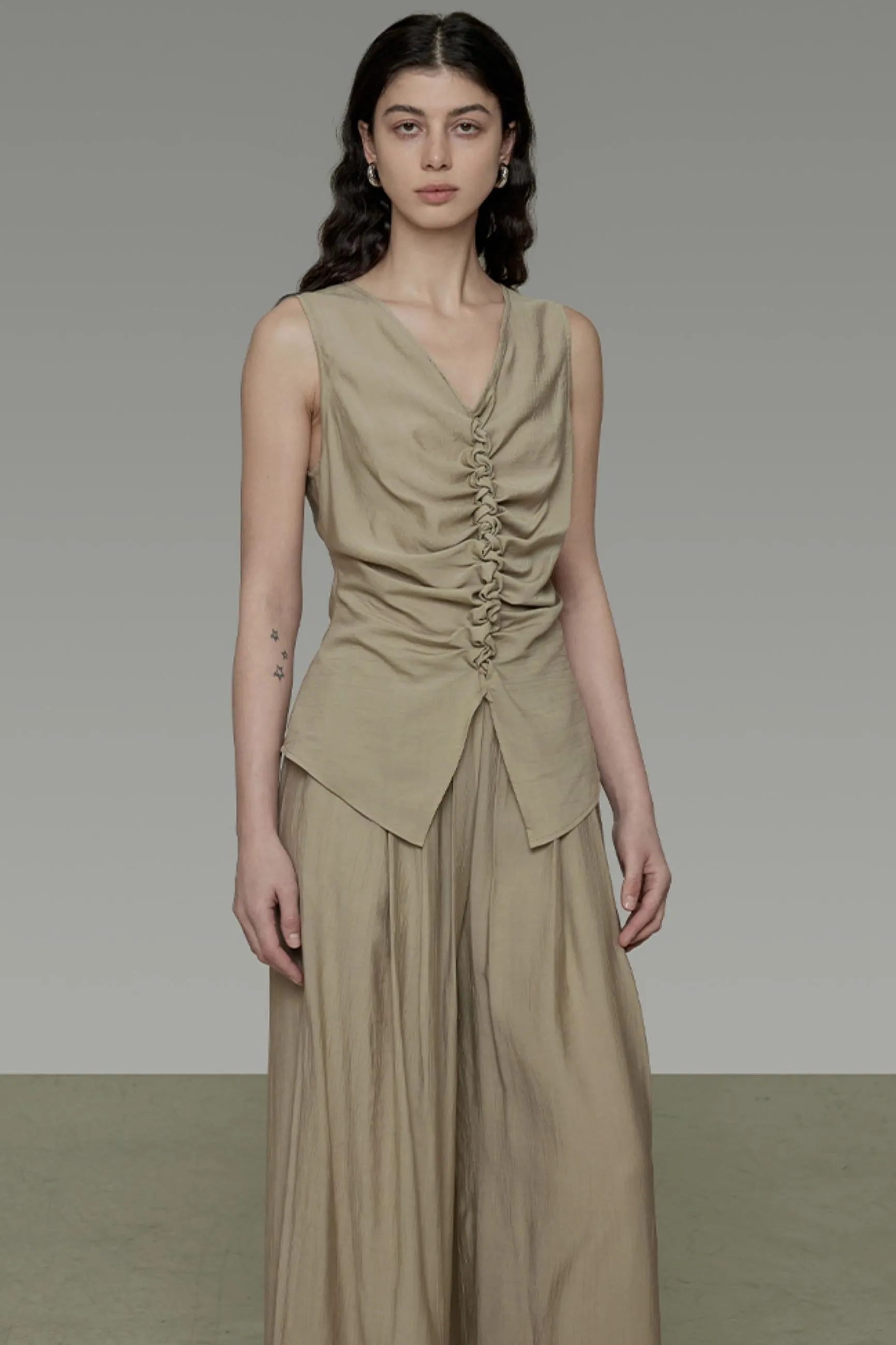 Khaki V-Neck Sleeveless Top