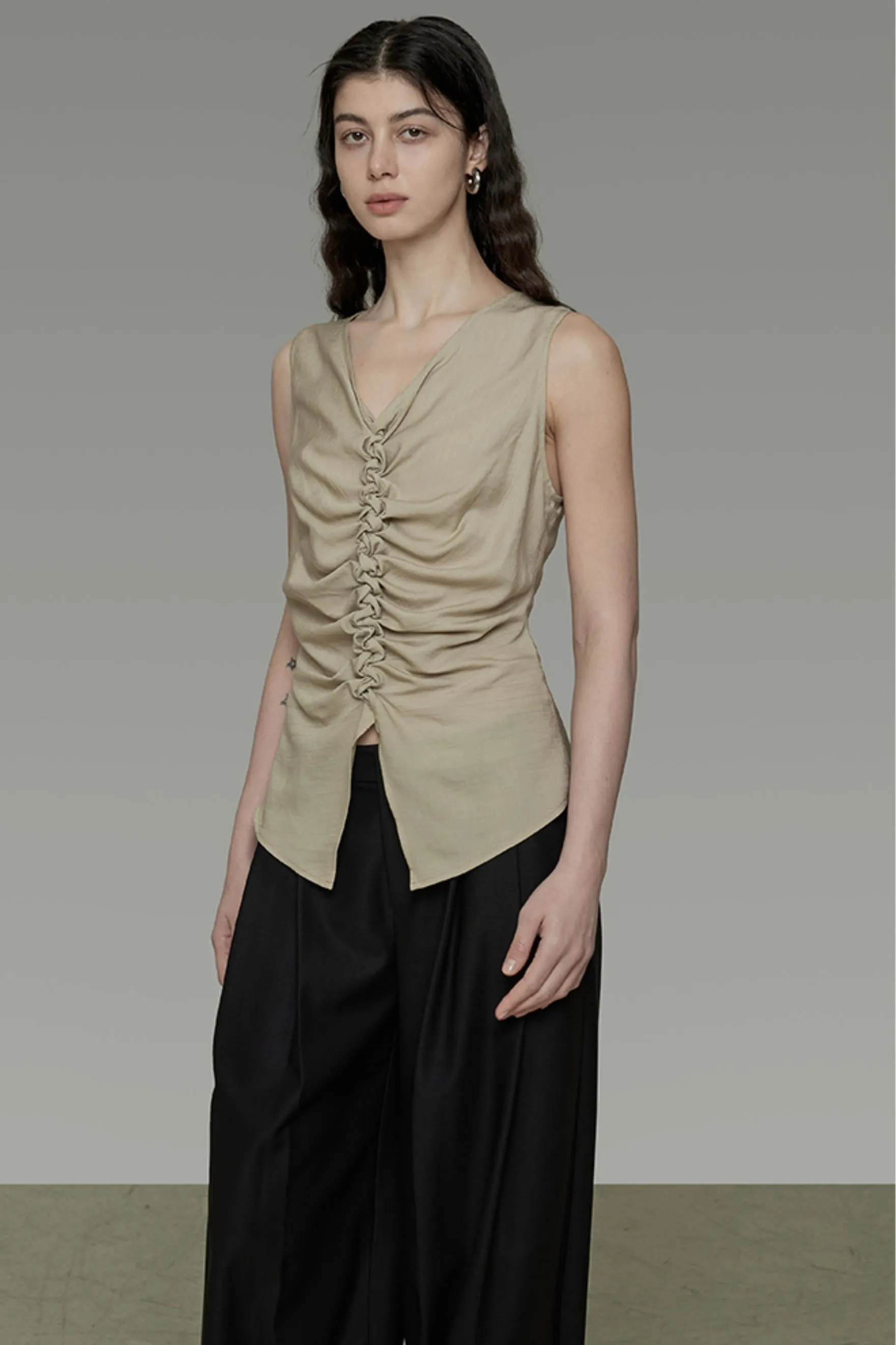 Khaki V-Neck Sleeveless Top