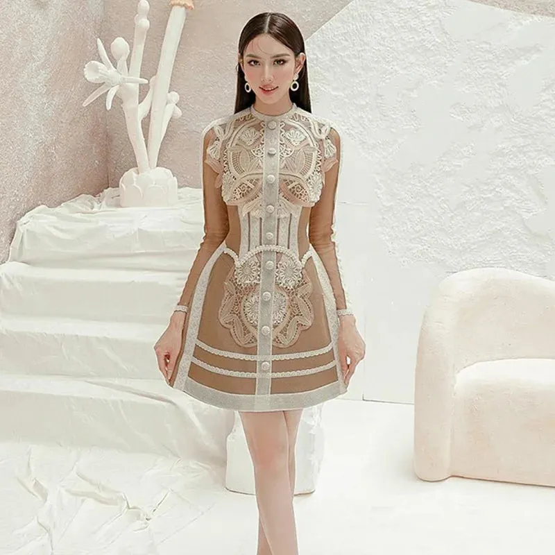 Lace Elegant Women's Dresses Long Sleeve Vocation Dresses Floral Embroidery Dinner Formal Occasion Dresses Autumn/Winter