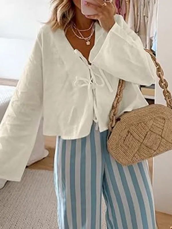 Lace-Up Solid Color V-Neck Blouses&Shirts Tops