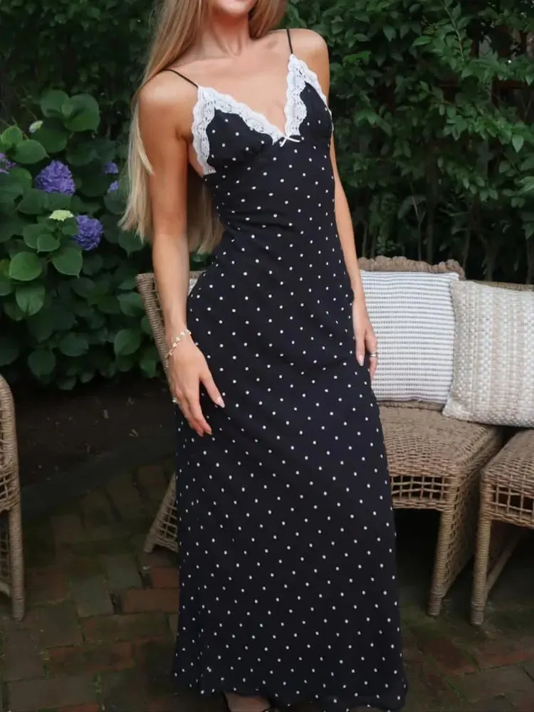 Lace V-Neck Polka Dot Dress - 2 colors available