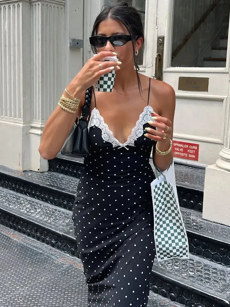 Lace V-Neck Polka Dot Dress - 2 colors available