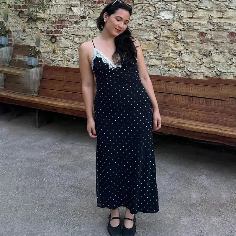 Lace V-Neck Polka Dot Dress - 2 colors available