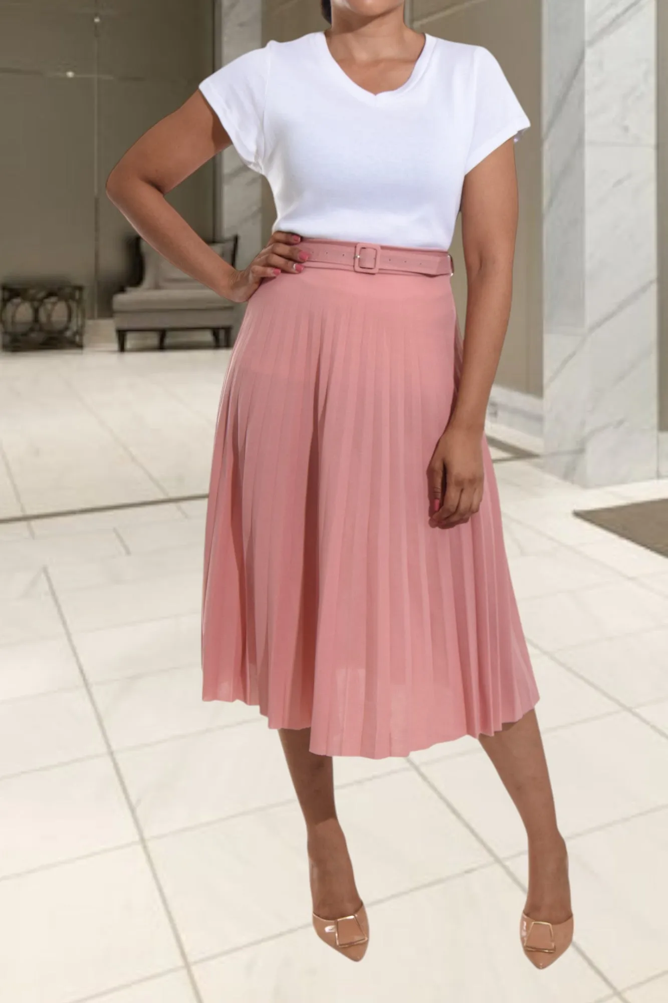 Ladies Blush Pleated Skirt
