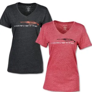 Ladies Corvette C8 Glitter Gesture V-Neck T-Shirt - 2 Colors!