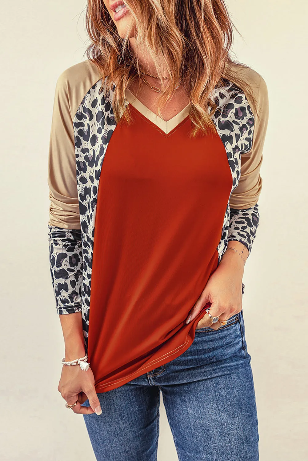 Leopard V Neck Long Sleeve Top