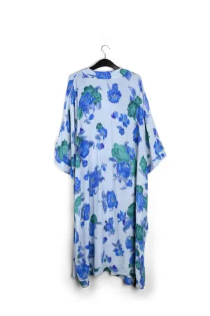 Light blue, blue and green floral kimono