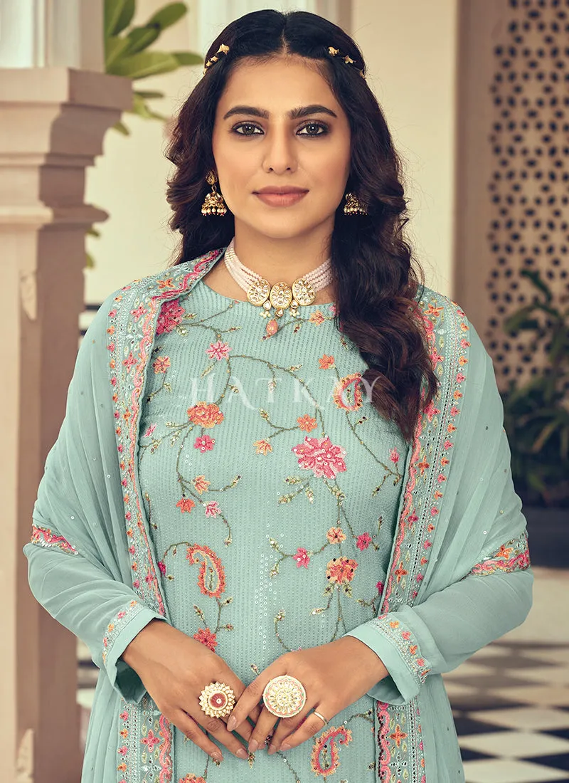 Light Blue Floral Embroidered Salwar Suit