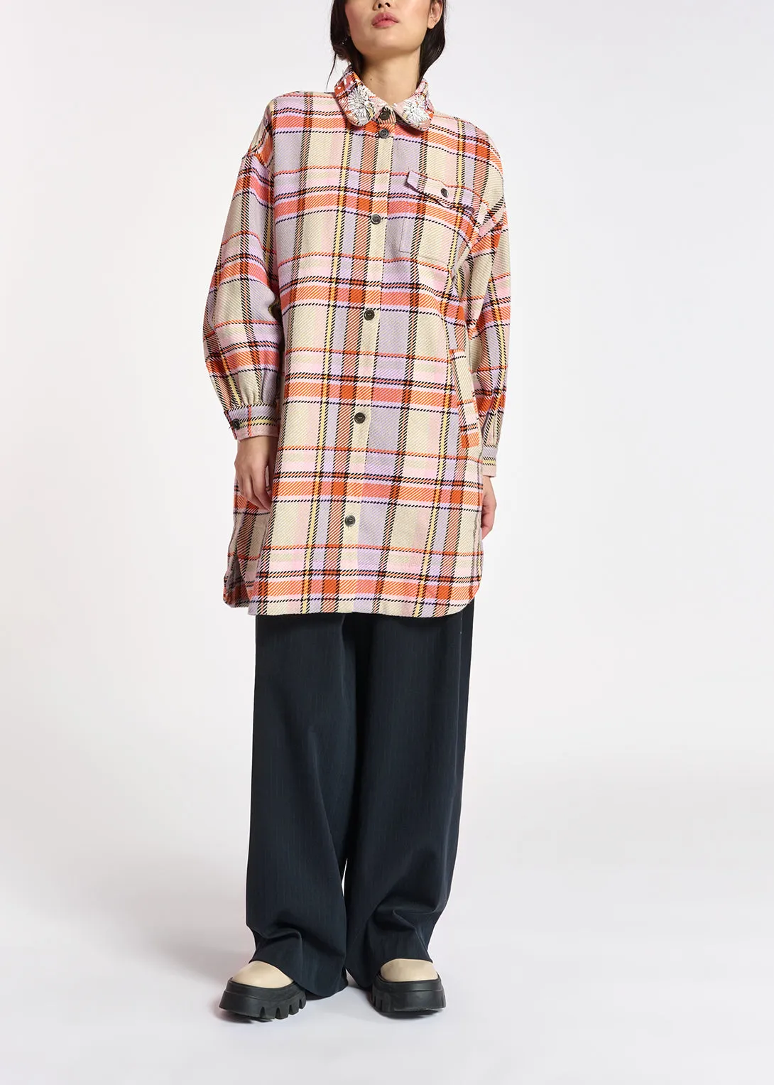 Lilac, orange and light pink checked shirt jacket