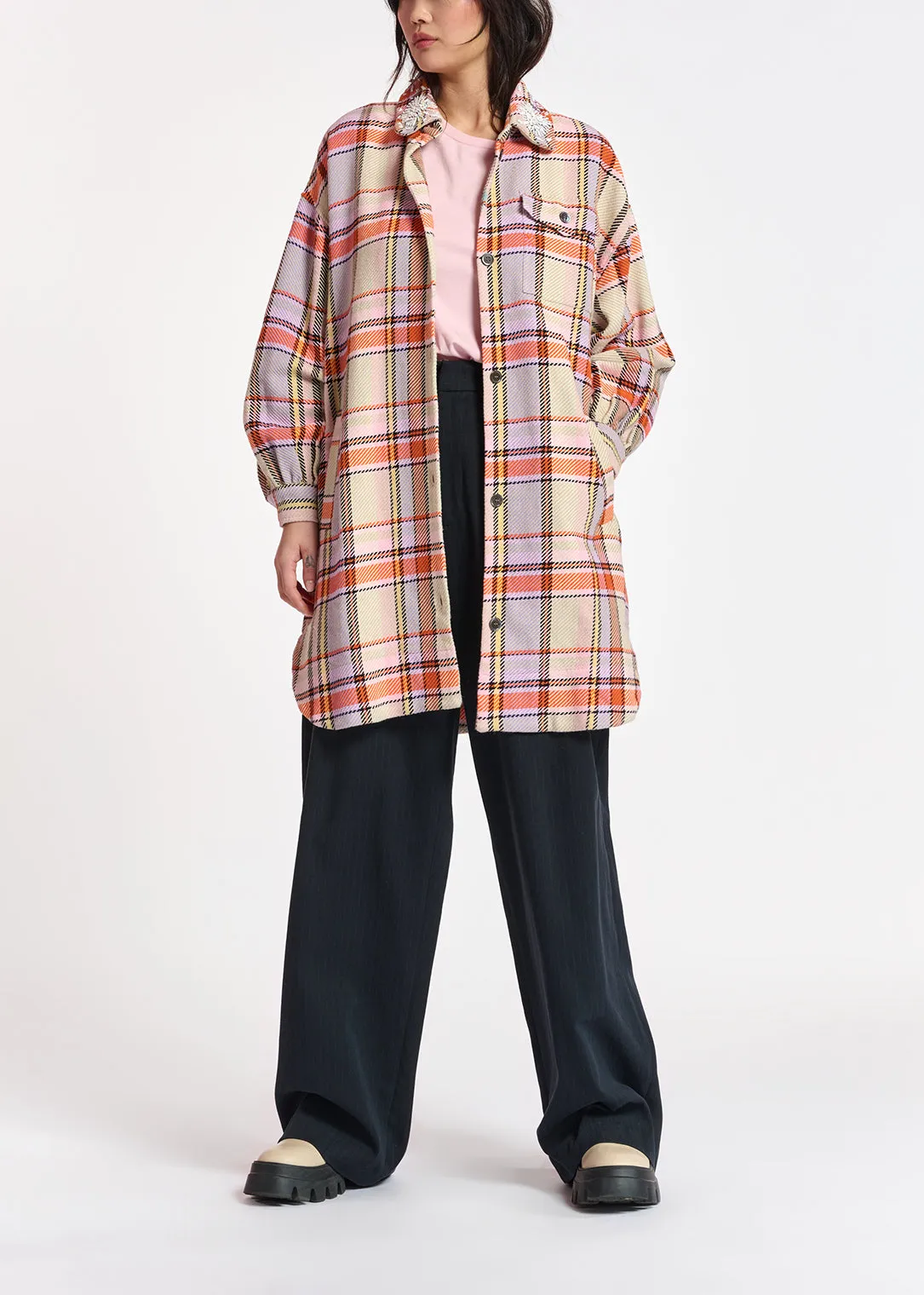 Lilac, orange and light pink checked shirt jacket