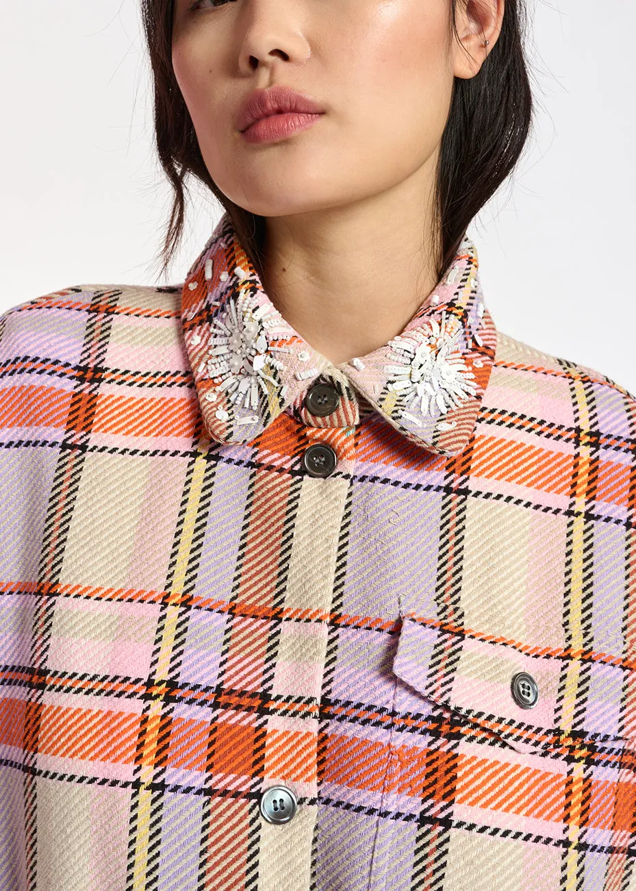 Lilac, orange and light pink checked shirt jacket