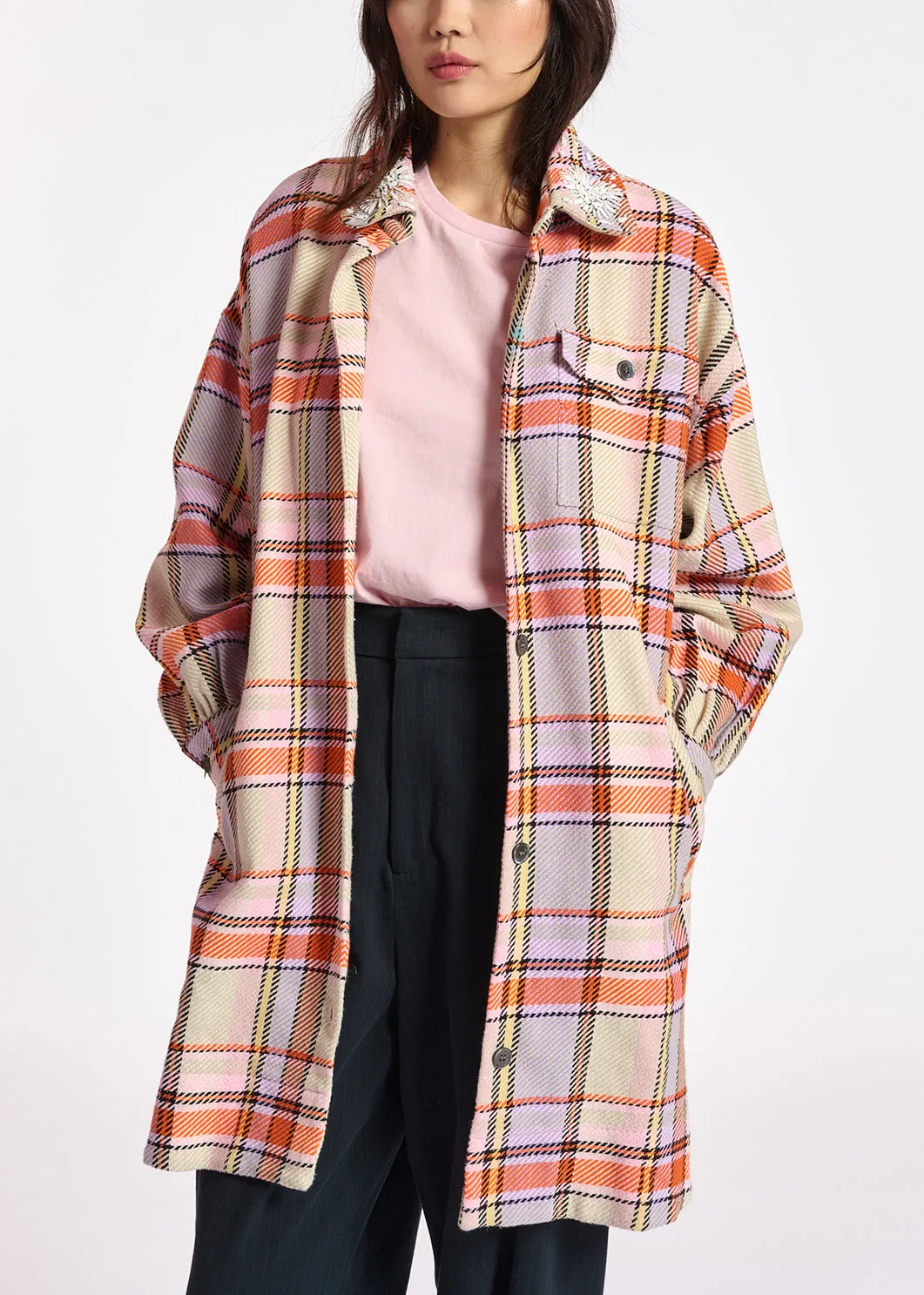 Lilac, orange and light pink checked shirt jacket