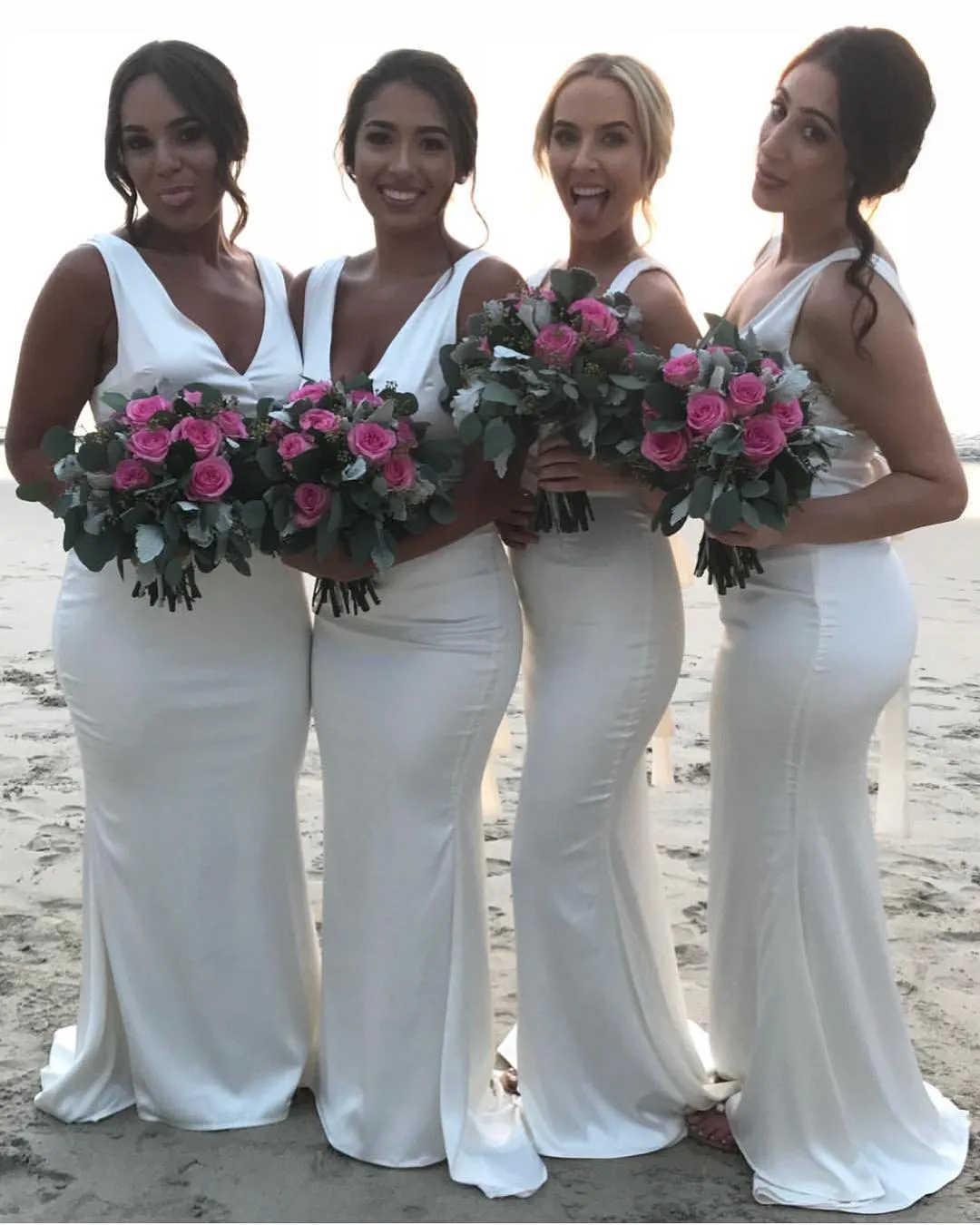 Long Mermaid V Neck White Bridesmaid Dress